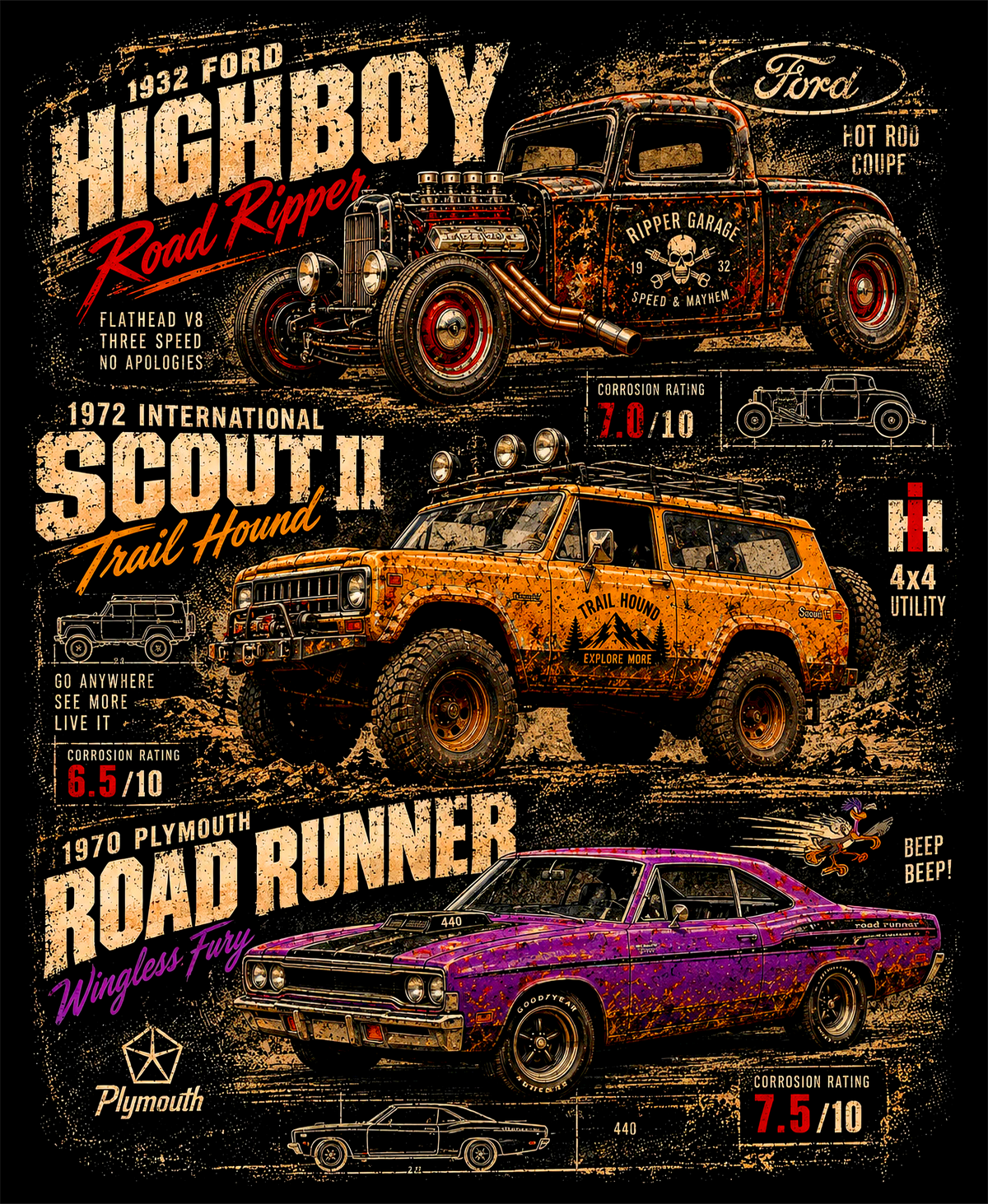 Ford Highboy, Scout II and Plymouth Road Runner - Vintage Poster - printed halftone garment - Prints best on darks