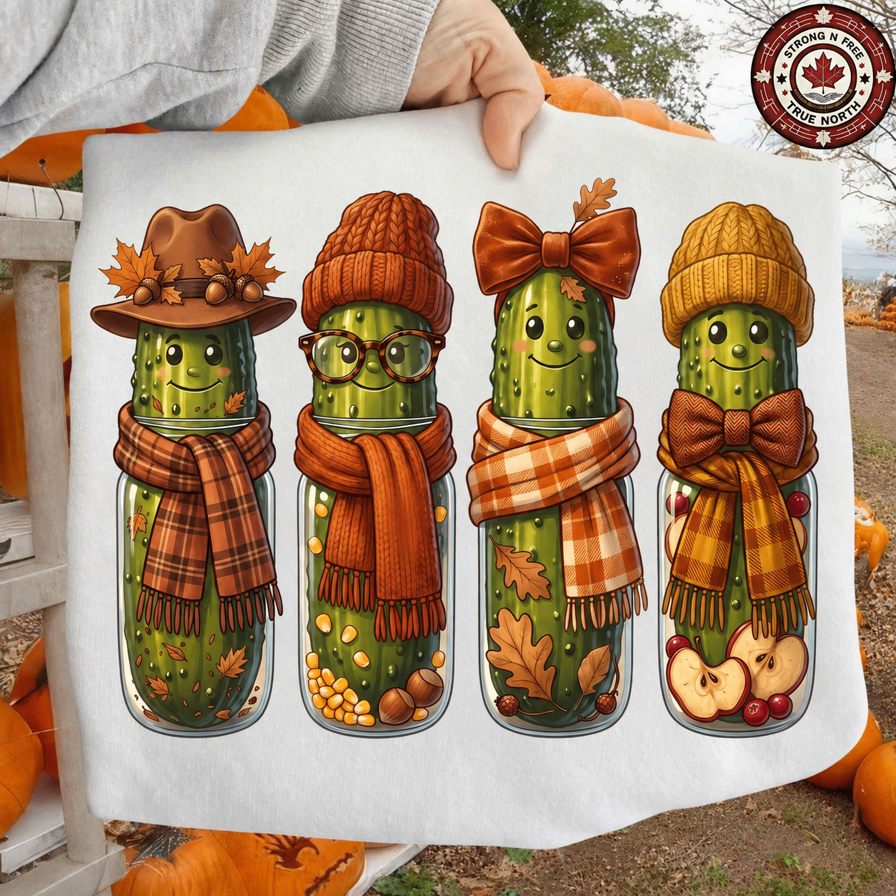 Funny Fall Pickles DTF transfer displayed on white fabric at an autumn setting