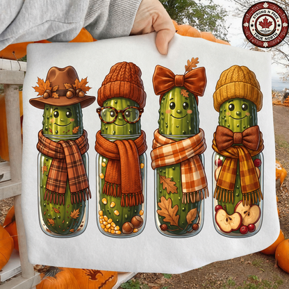 Funny Fall Pickles DTF transfer displayed on white fabric at an autumn setting