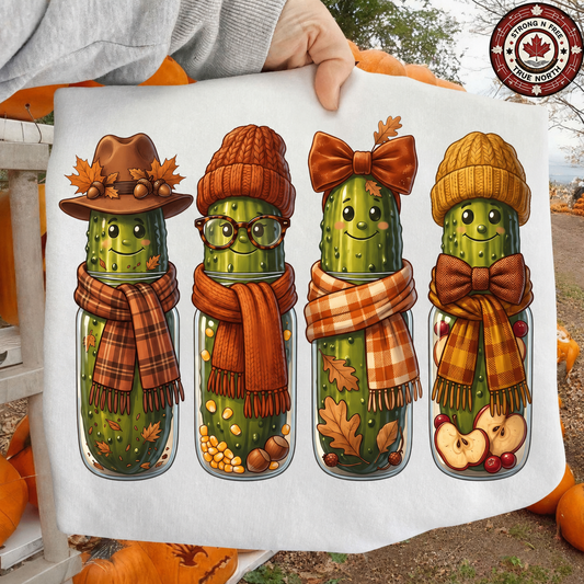 Funny Fall Pickles DTF transfer displayed on white fabric at an autumn setting