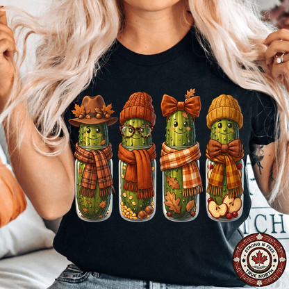 Funny Fall Pickles DTF transfer shown on a black T-shirt