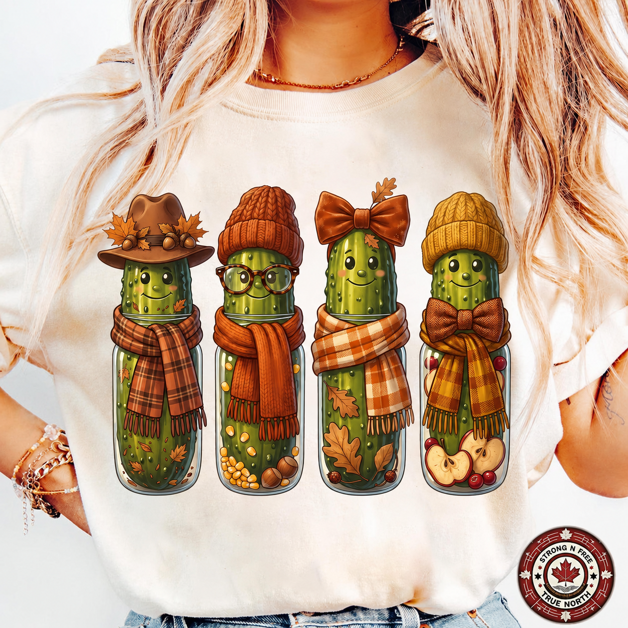 Funny Fall Pickles DTF transfer shown on a cream T-shirt