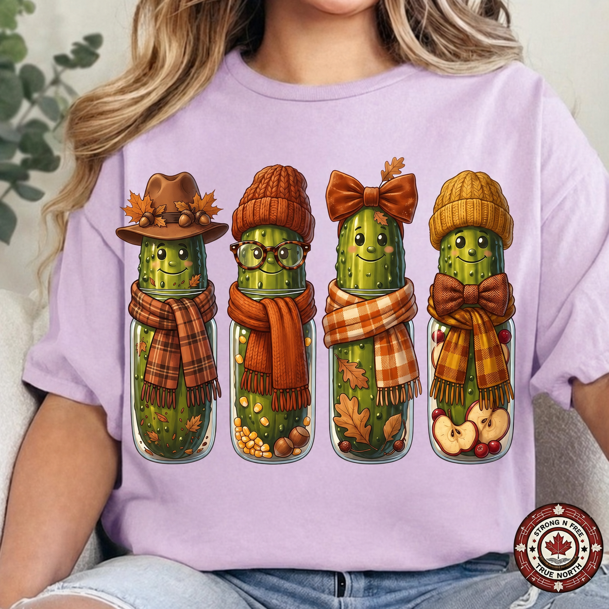 Funny Fall Pickles DTF transfer shown on a lavender T-shirt
