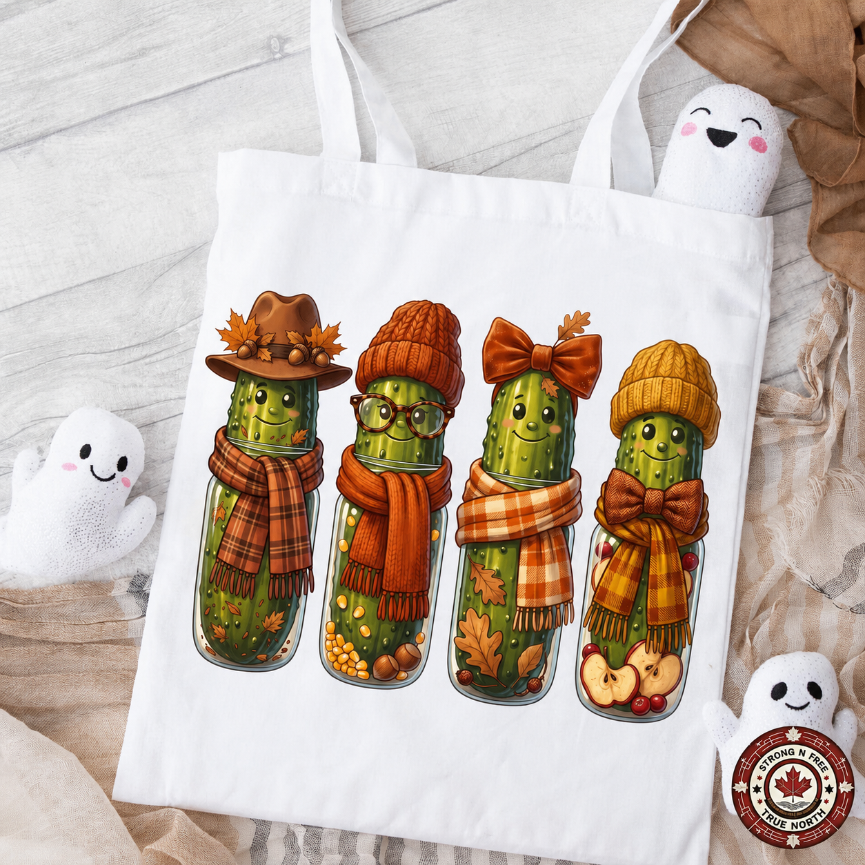 Funny Fall Pickles DTF transfer shown on a white tote bag