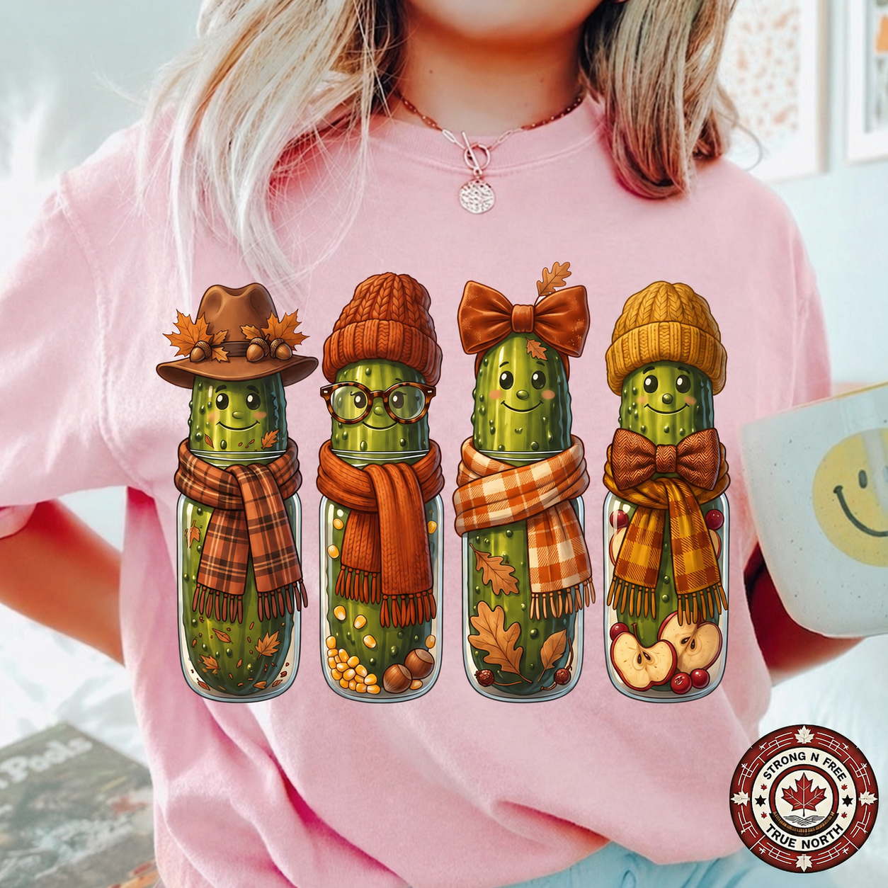 Funny Fall Pickles DTF transfer shown on a pink T-shirt