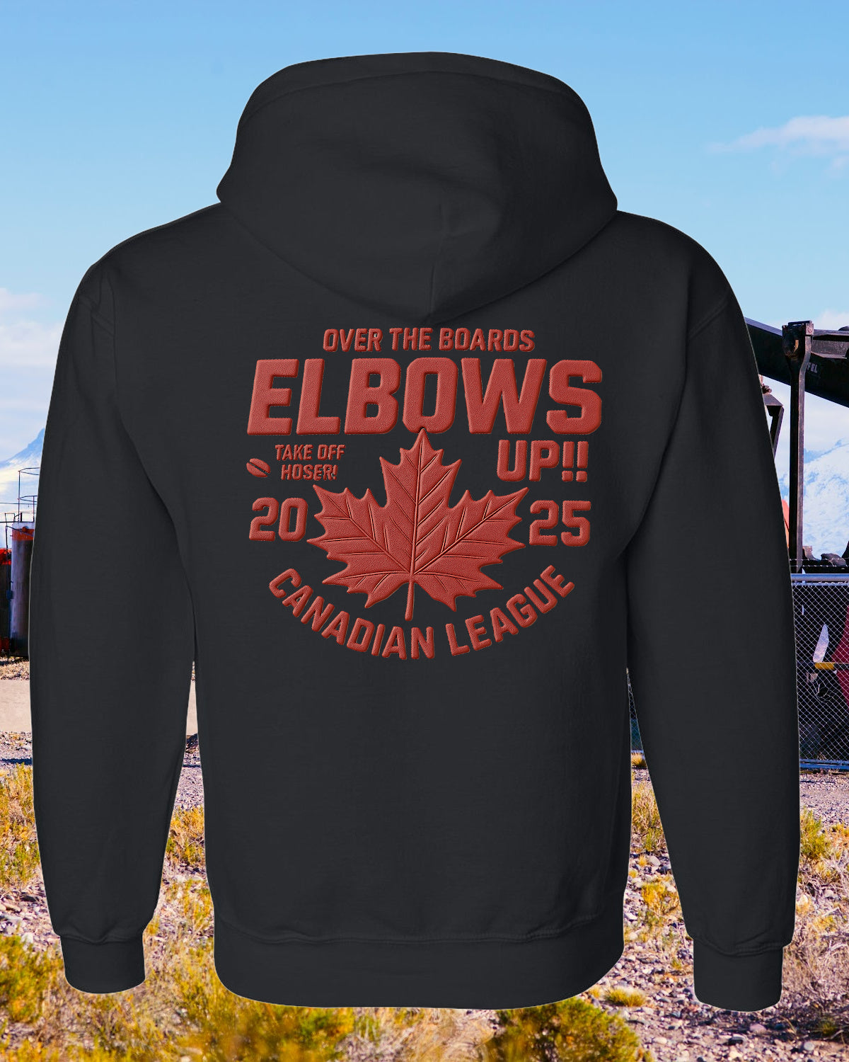 DTF Transfer Canadian Hockey Hoodie – "Elbows Up" 2025 Maple Leaf Design