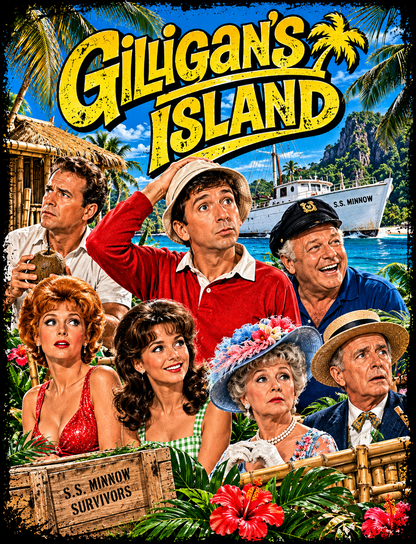 Gilligann's Island Castaway Collage halftone DTF transfer for dark garments
