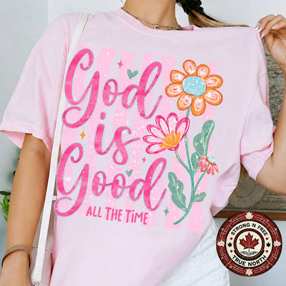 God Is Good All the Time DTF transfer on pink shirt mockup