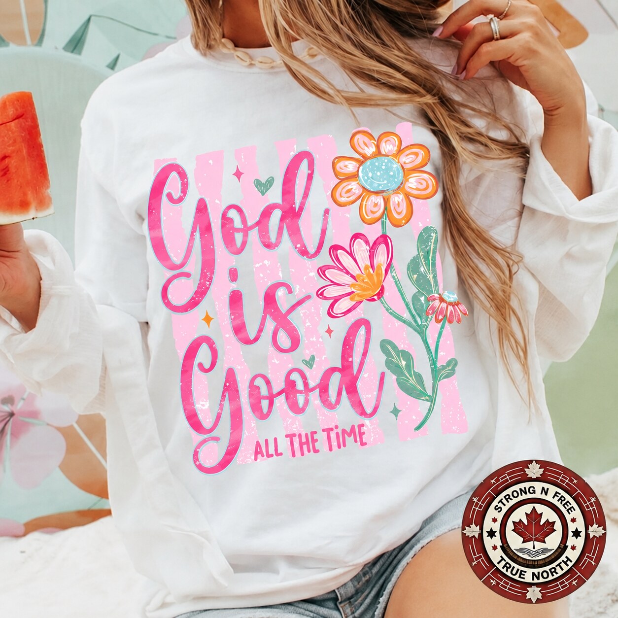 Floral Christian faith DTF transfer on light blue apparel