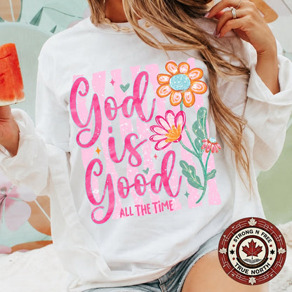Floral Christian faith DTF transfer on light blue apparel
