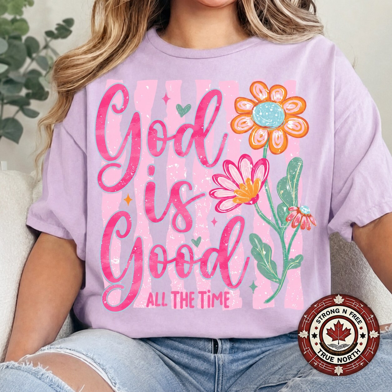 God Is Good All the Time faith DTF transfer on black shirt