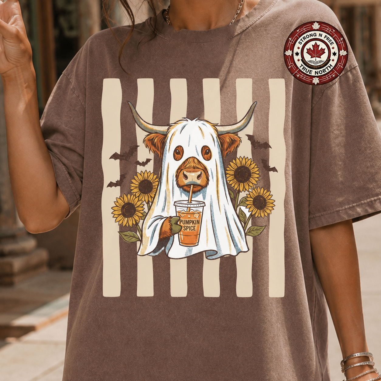 Pumpkin Spice Highland cow ghost ready-to-press DTF transfer photo 1