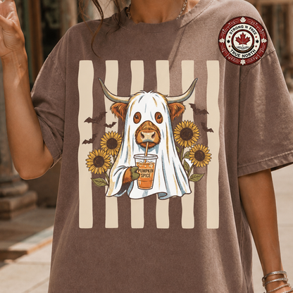 Pumpkin Spice Highland cow ghost ready-to-press DTF transfer photo 1