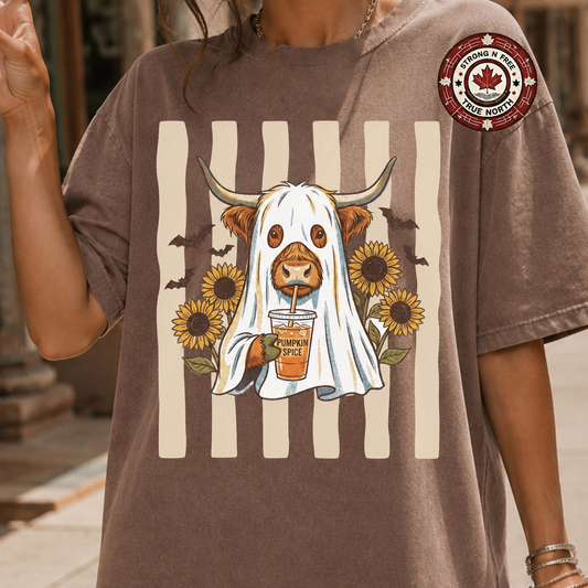Pumpkin Spice Highland cow ghost ready-to-press DTF transfer photo 1