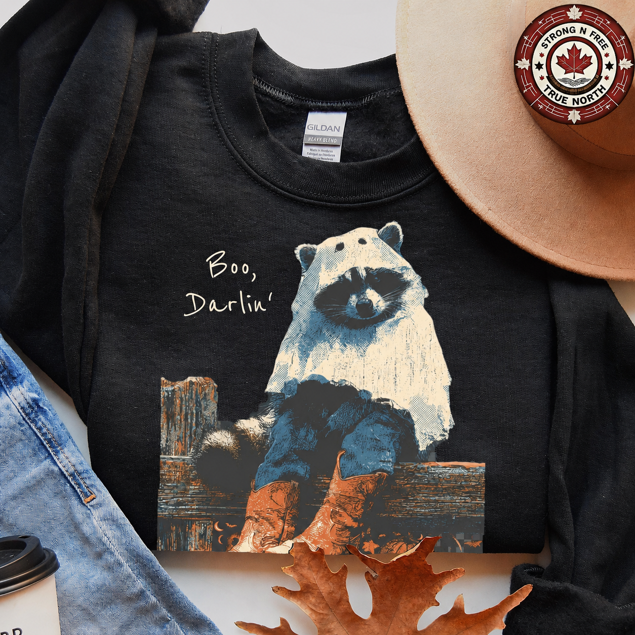 Cute western Halloween raccoon ready-to-press DTF transfer photo 1