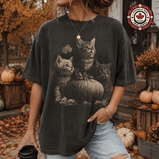 Vintage autumn kittens and pumpkin ready-to-press DTF transfer photo 1