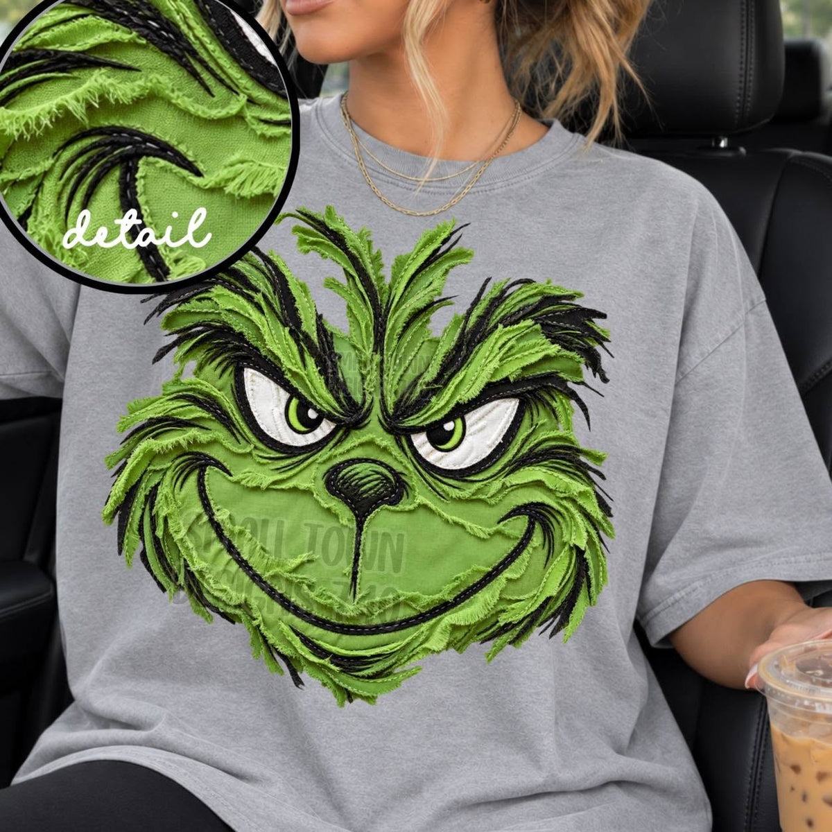 Green grinning Christmas face DTF transfer garment mockup