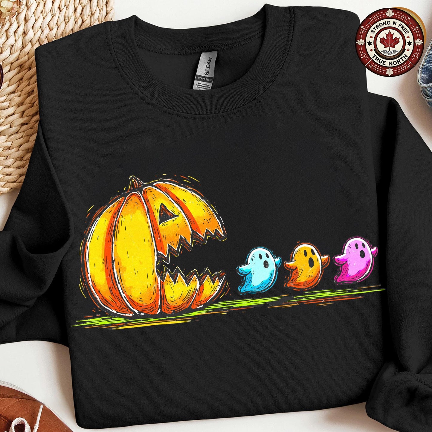 Retro Halloween Pumpkin Chasing Ghost , Neon Halloween , Spooky Season , Fall ready-to-press DTF transfer photo 1