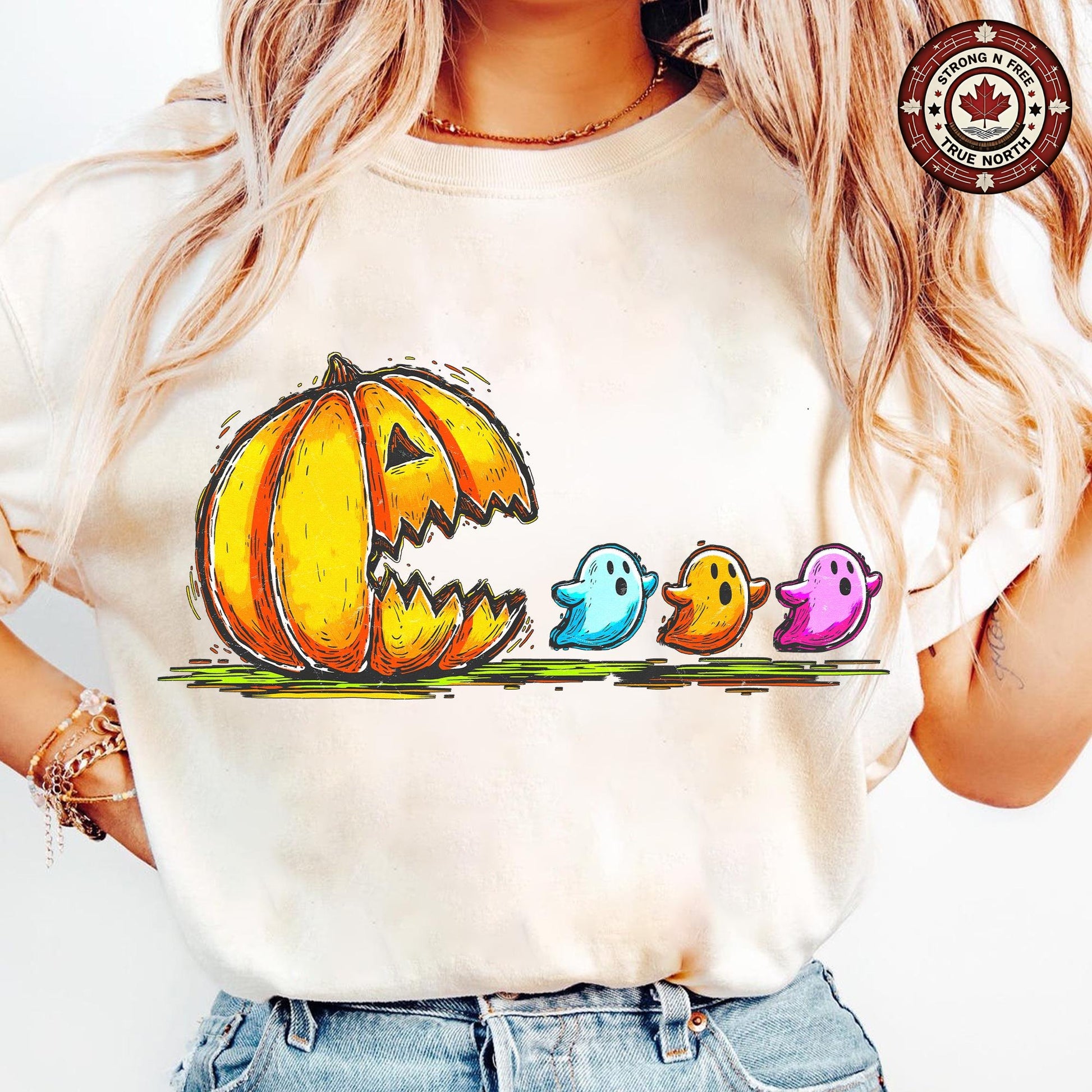 Retro Halloween Pumpkin Chasing Ghost , Neon Halloween , Spooky Season , Fall ready-to-press DTF transfer photo 2