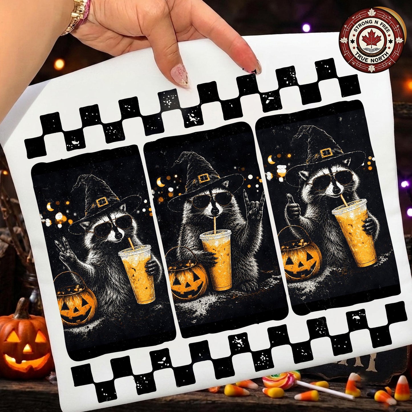 Spooky Season , Halloween Trash Panda Design, Funny Raccoon Witch Graphic, ready-to-press DTF transfer photo 1