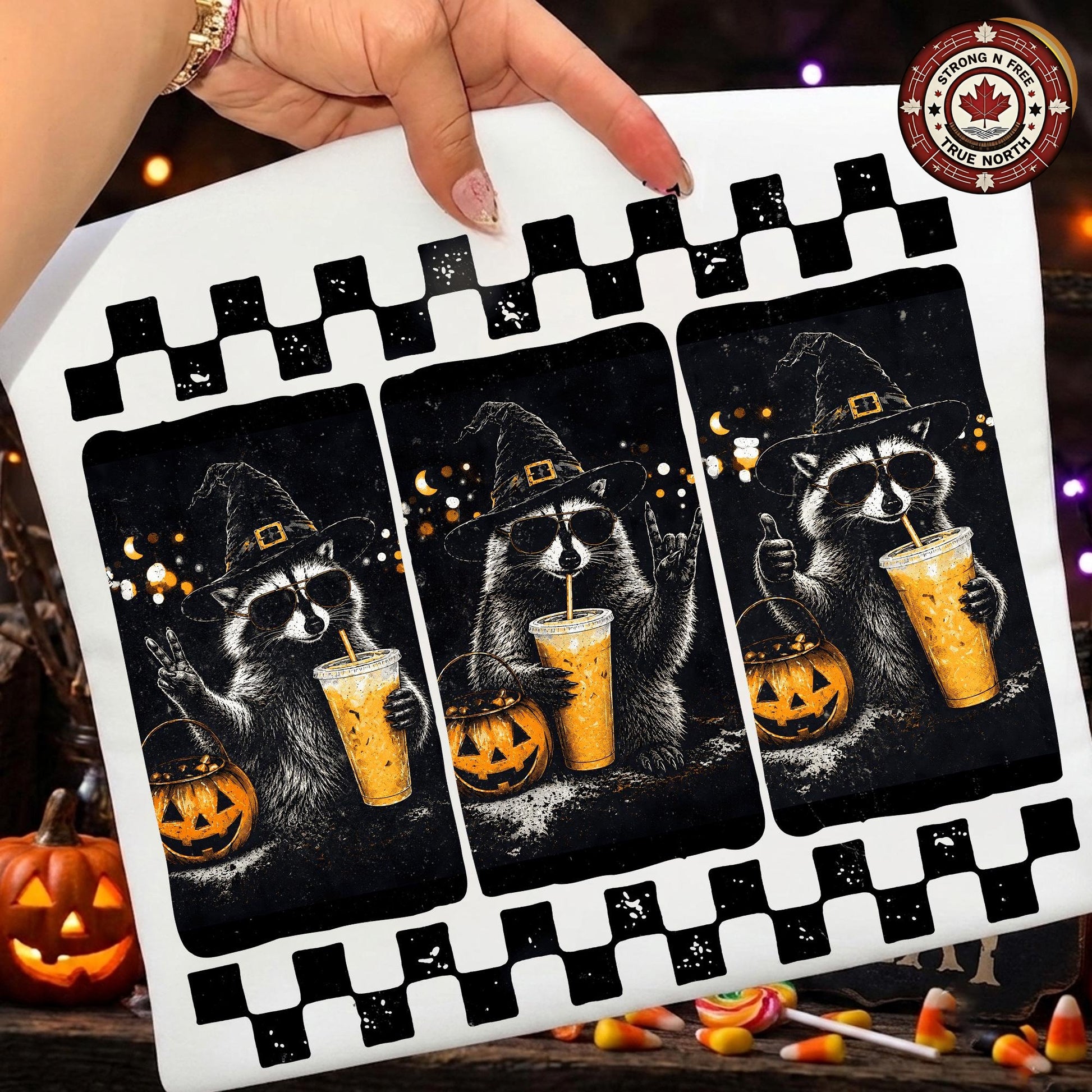 Spooky Season , Halloween Trash Panda Design, Funny Raccoon Witch Graphic, ready-to-press DTF transfer photo 1