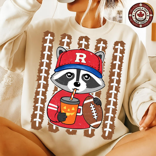 Football Raccoon , Fall Football Design, Pumpkin Latte Raccoon Graphic, Cute ready-to-press DTF transfer photo 1