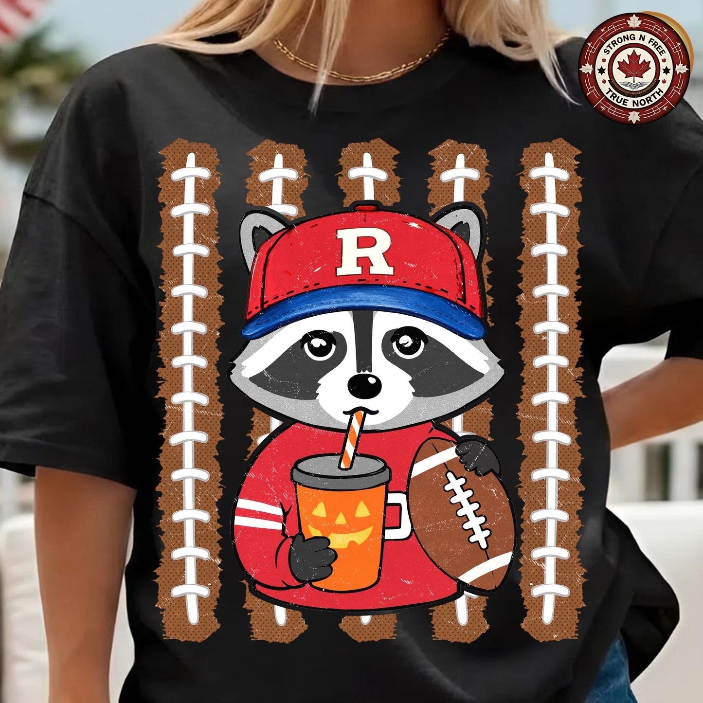 Football Raccoon , Fall Football Design, Pumpkin Latte Raccoon Graphic, Cute ready-to-press DTF transfer photo 2