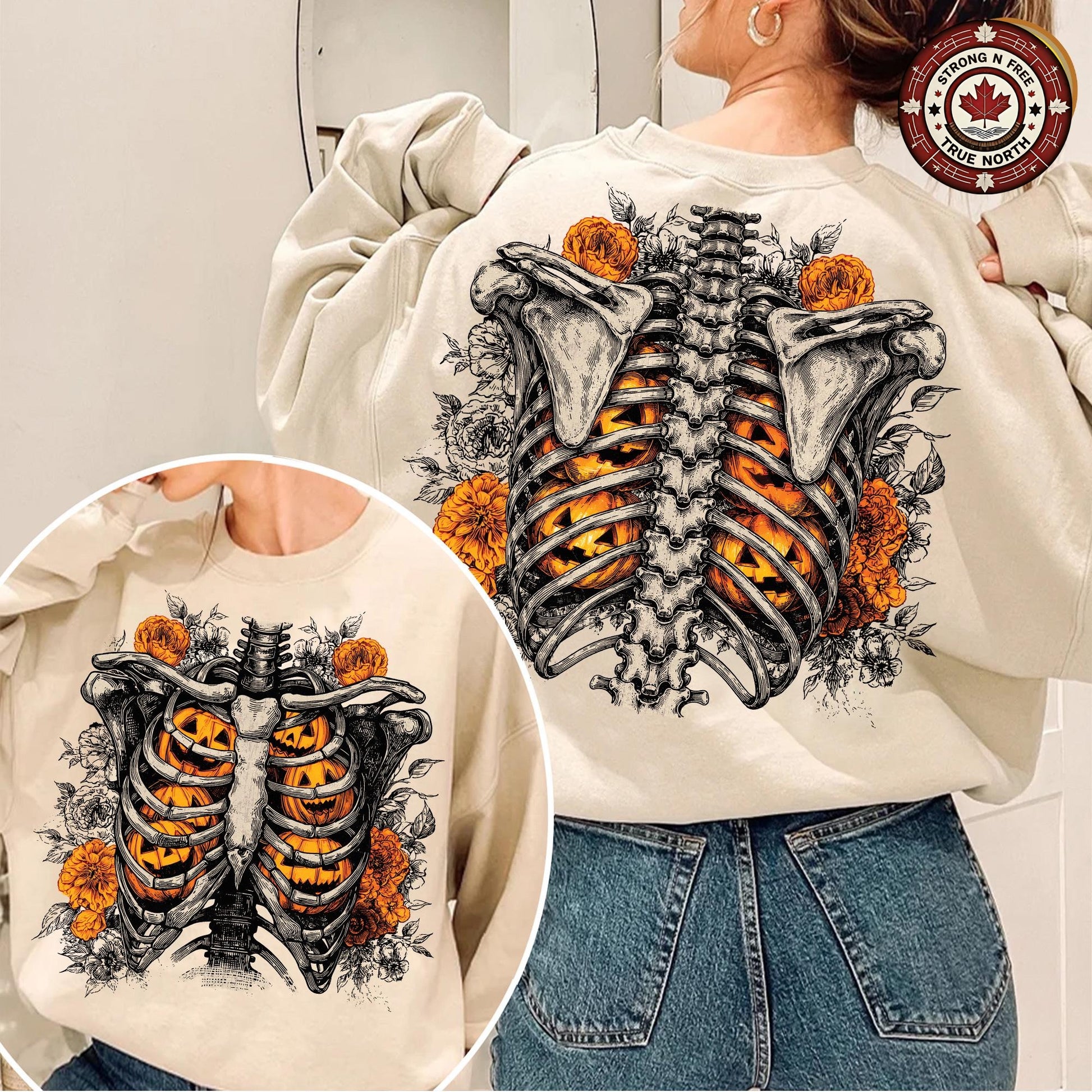 Floral Ribcage Pumpkin , Skeleton Fall Design, Retro Halloween Shirt , Spooky ready-to-press DTF transfer photo 1