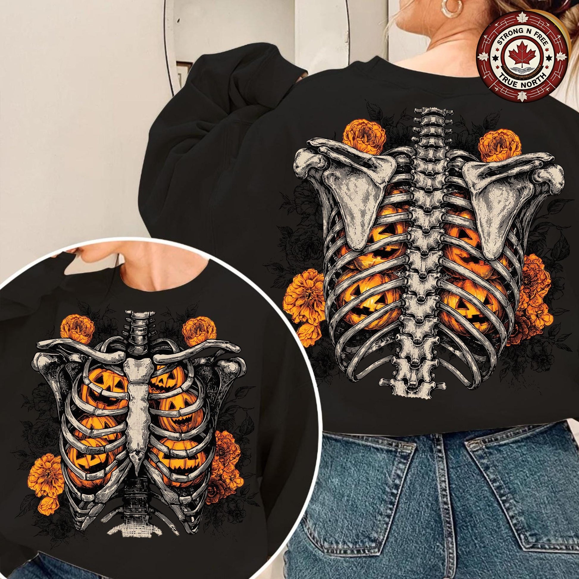 Floral Ribcage Pumpkin , Skeleton Fall Design, Retro Halloween Shirt , Spooky ready-to-press DTF transfer photo 2
