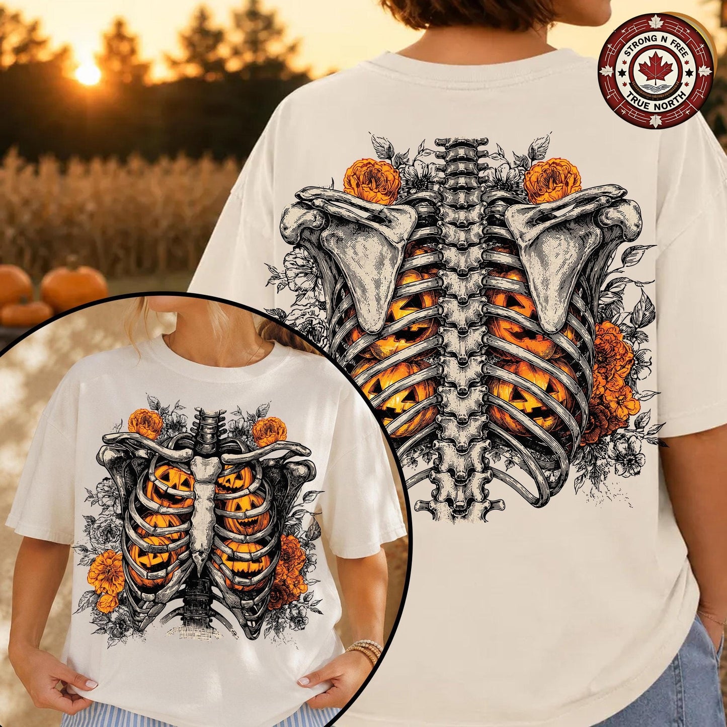 Floral Ribcage Pumpkin , Skeleton Fall Design, Retro Halloween Shirt , Spooky ready-to-press DTF transfer photo 3
