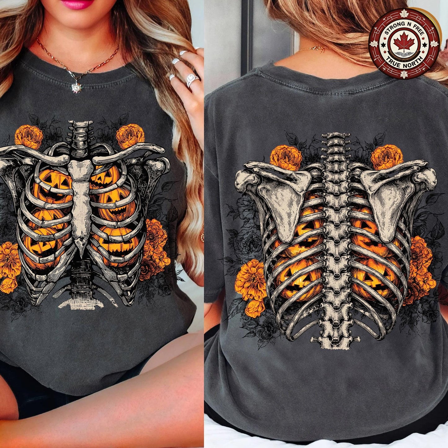 Floral Ribcage Pumpkin , Skeleton Fall Design, Retro Halloween Shirt , Spooky ready-to-press DTF transfer photo 4