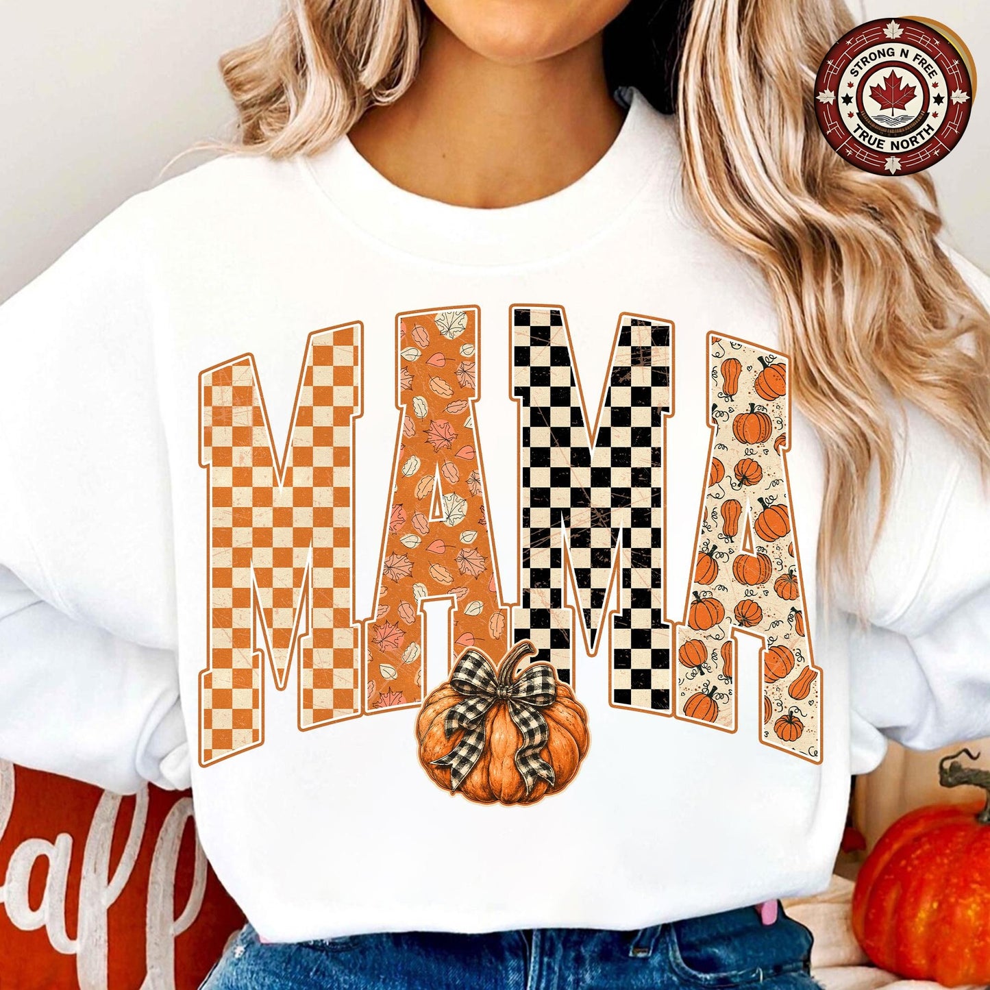 Retro Mama Pumpkin , Trendy Fall Gingham Mama Shirt Design, Autumn Mama , ready-to-press DTF transfer photo 2