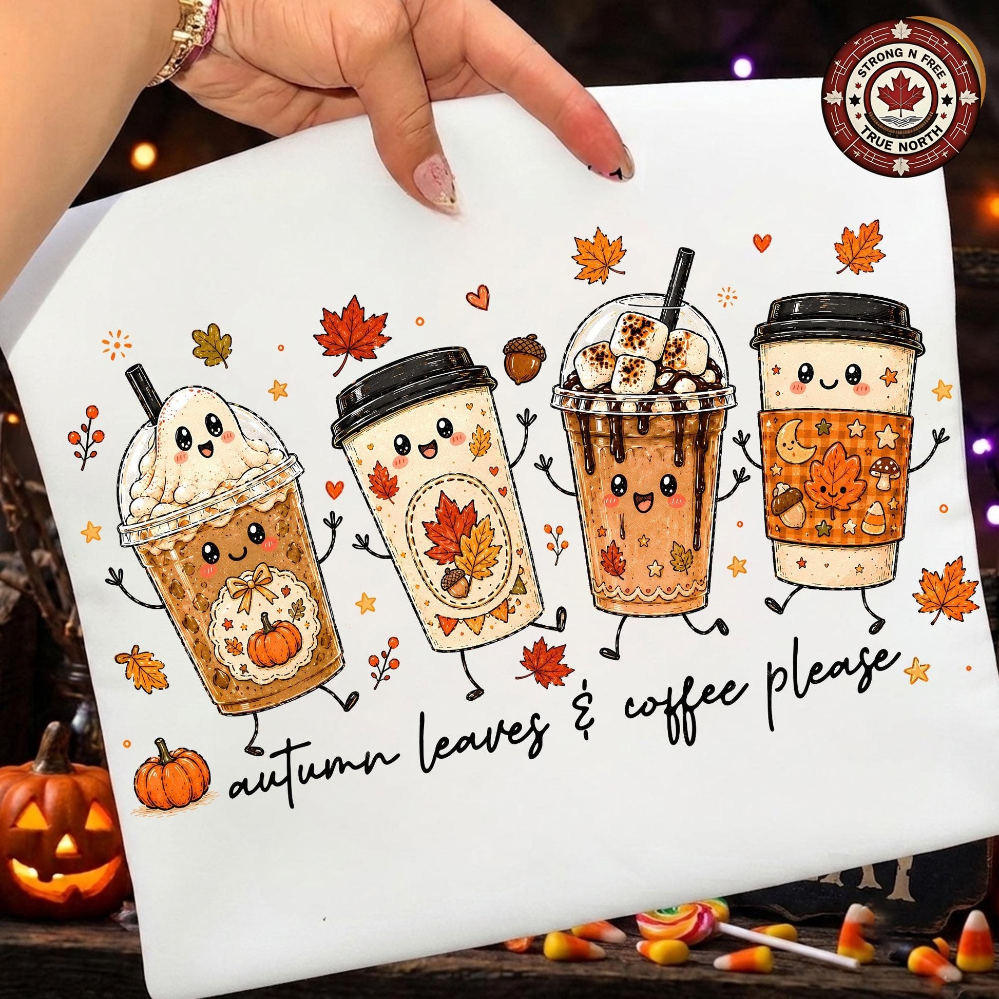 Autumn Leaves Coffee Please , Fall Ghost Drink Design, Cute Fall Drinks , ready-to-press DTF transfer photo 1