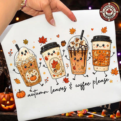 Autumn Leaves Coffee Please , Fall Ghost Drink Design, Cute Fall Drinks , ready-to-press DTF transfer photo 1