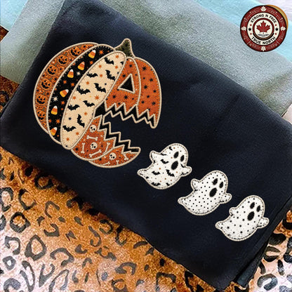 Patchwork Halloween Costume , Pumpkin Chasing Ghost Design, Spooky Season , ready-to-press DTF transfer photo 1