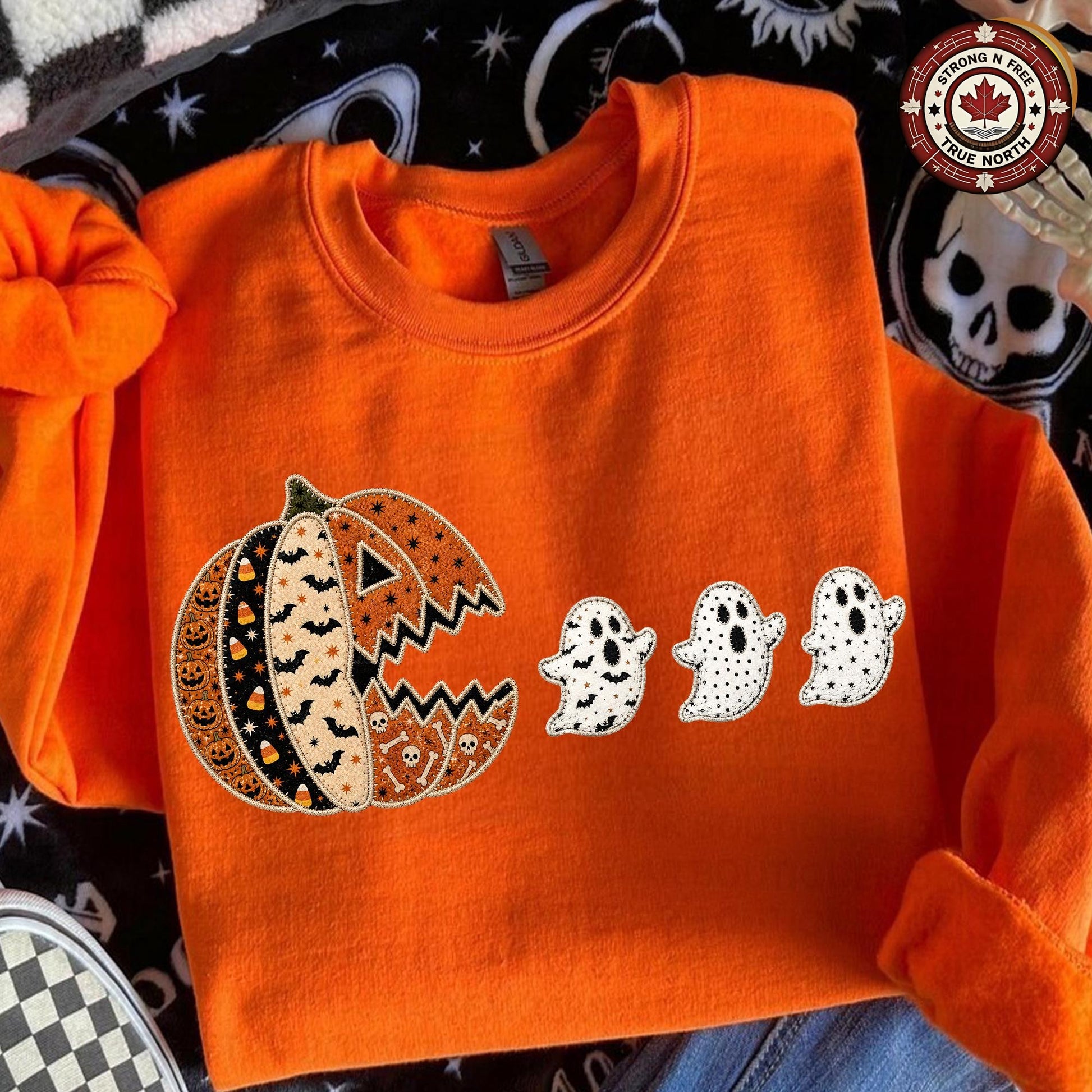 Patchwork Halloween Costume , Pumpkin Chasing Ghost Design, Spooky Season , ready-to-press DTF transfer photo 3