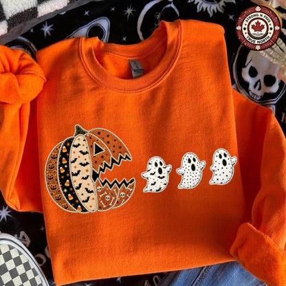 Patchwork Halloween Costume , Pumpkin Chasing Ghost Design, Spooky Season , ready-to-press DTF transfer photo 3