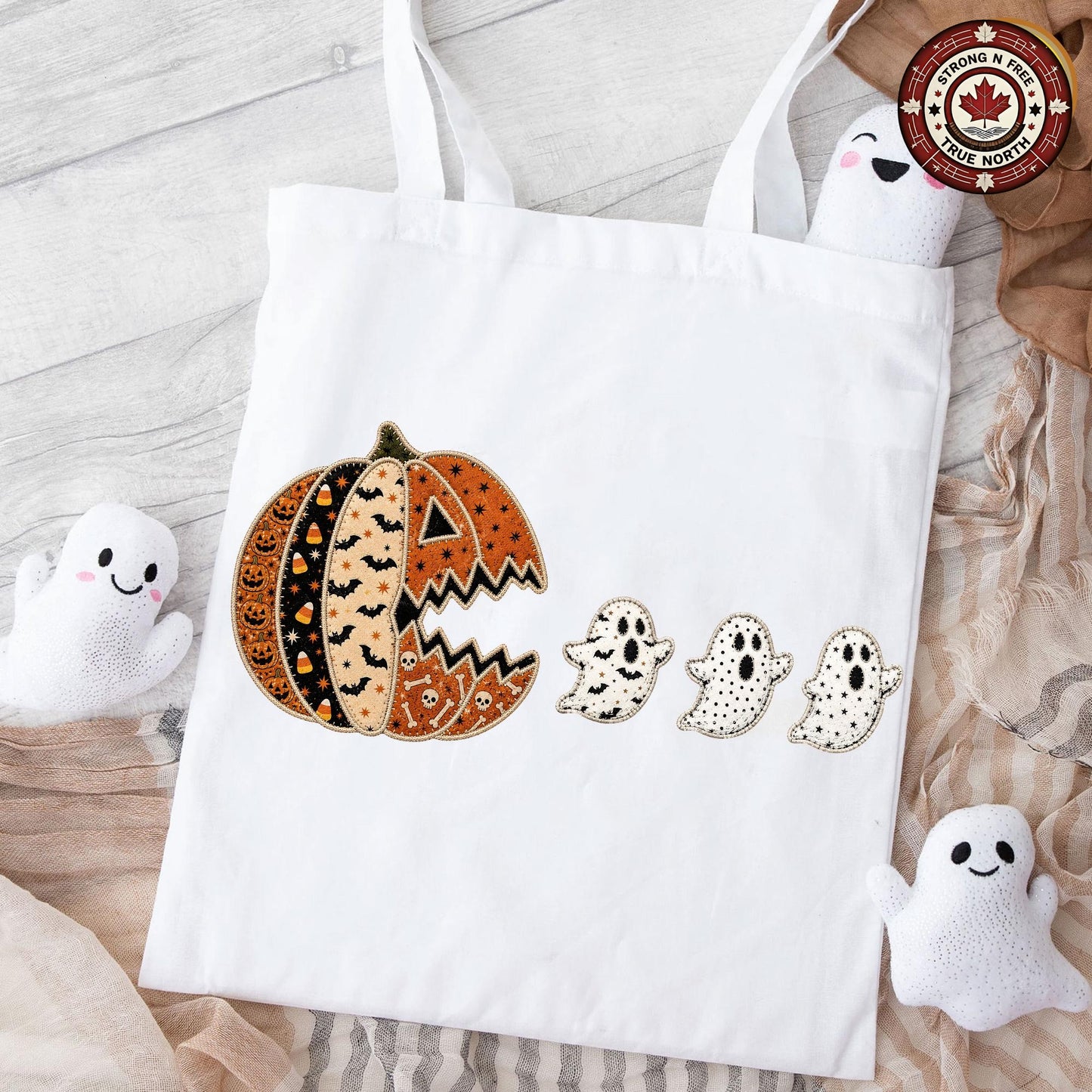 Patchwork Halloween Costume , Pumpkin Chasing Ghost Design, Spooky Season , ready-to-press DTF transfer photo 5