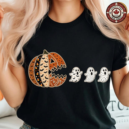 Patchwork Halloween Costume , Pumpkin Chasing Ghost Design, Spooky Season , ready-to-press DTF transfer photo 6
