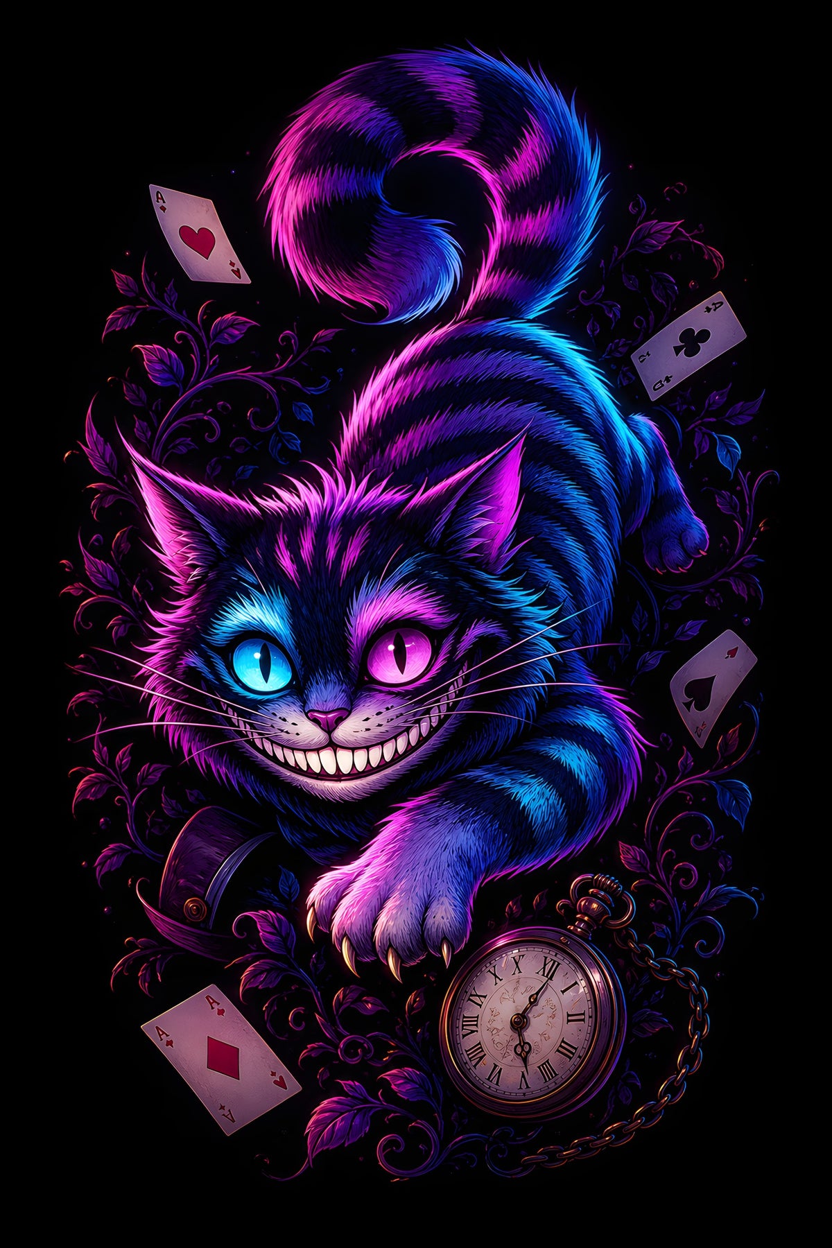 Neon Grinning Cat with Playing Cards - Halftone DTF transfer - Prints best on darks