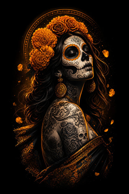 Marigold Sugar Skull Woman - Halftone DTF transfer - Prints best on darks