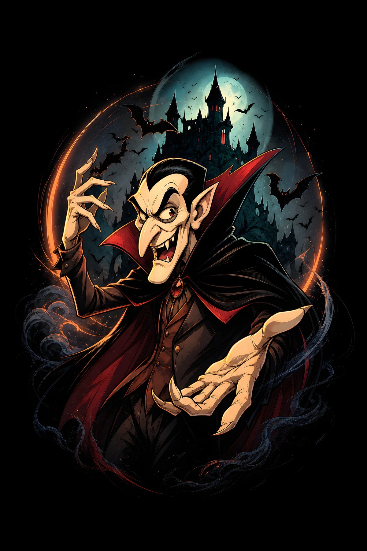 Vampire at Moonlit Castle - Halftone DTF transfer - Prints best on darks