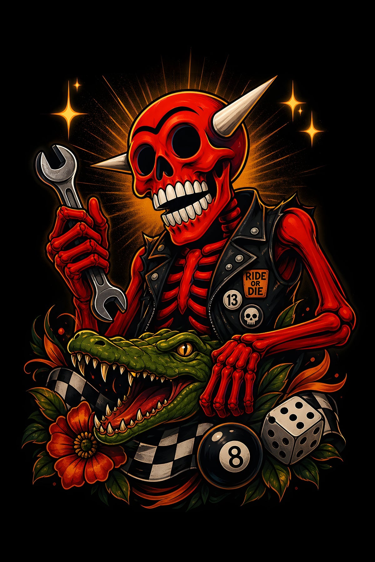Red Devil Skeleton Biker - Halftone DTF transfer - Prints best on darks