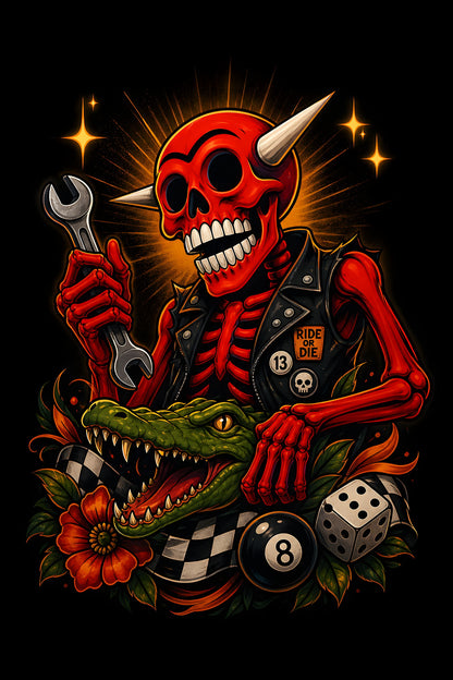 Red Devil Skeleton Biker - Halftone DTF transfer - Prints best on darks