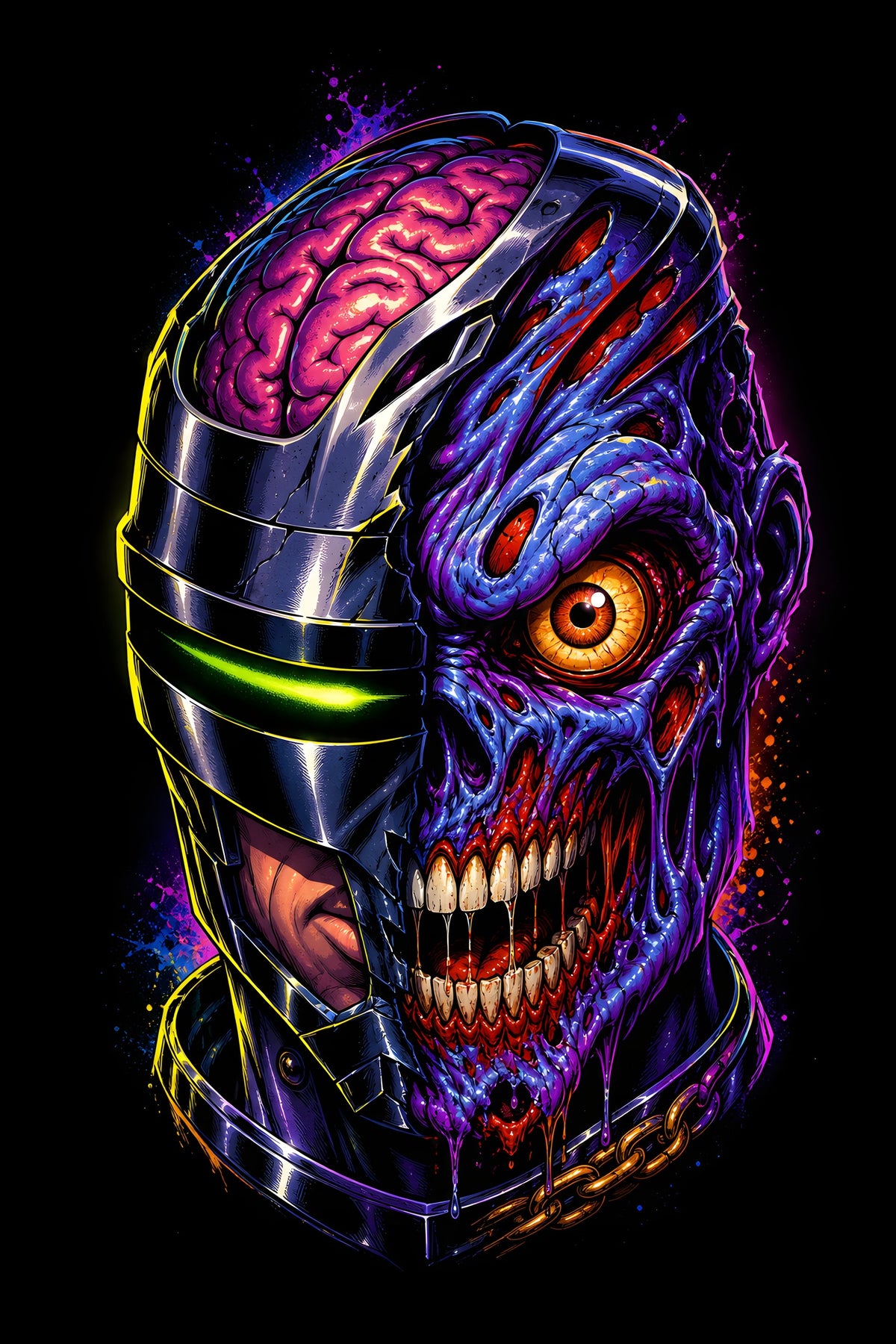 Cybernetic Zombie Helmet - Halftone DTF transfer - Prints best on darks