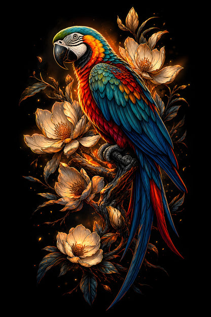 Colourful Macaw with Golden Flowers - Halftone DTF transfer - Prints best on darks
