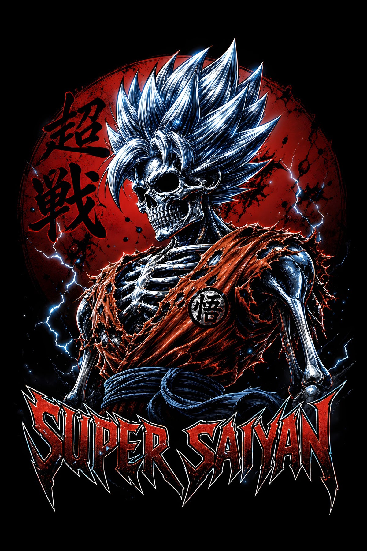 Spiky-Haired Skeleton Warrior - Halftone DTF transfer - Prints best on darks