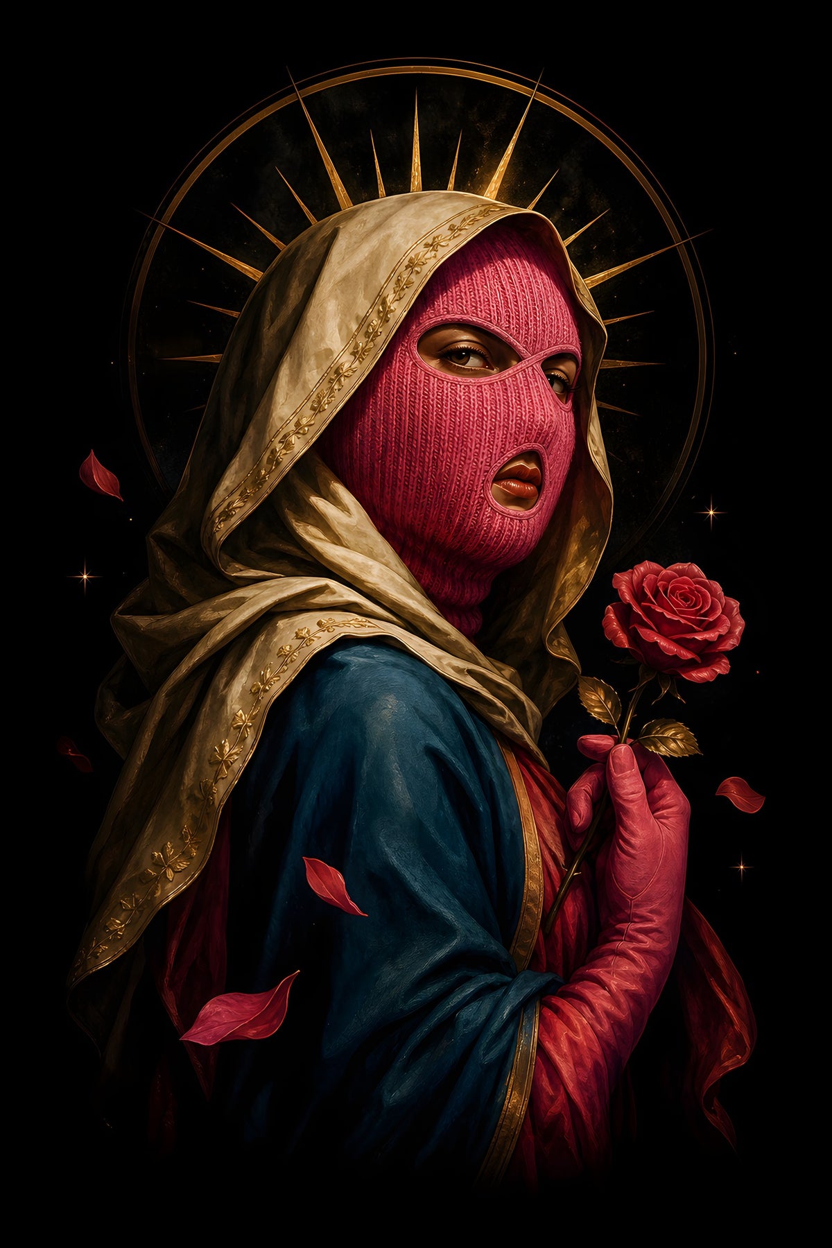 Masked Woman with Rose - Halftone DTF transfer - Prints best on darks