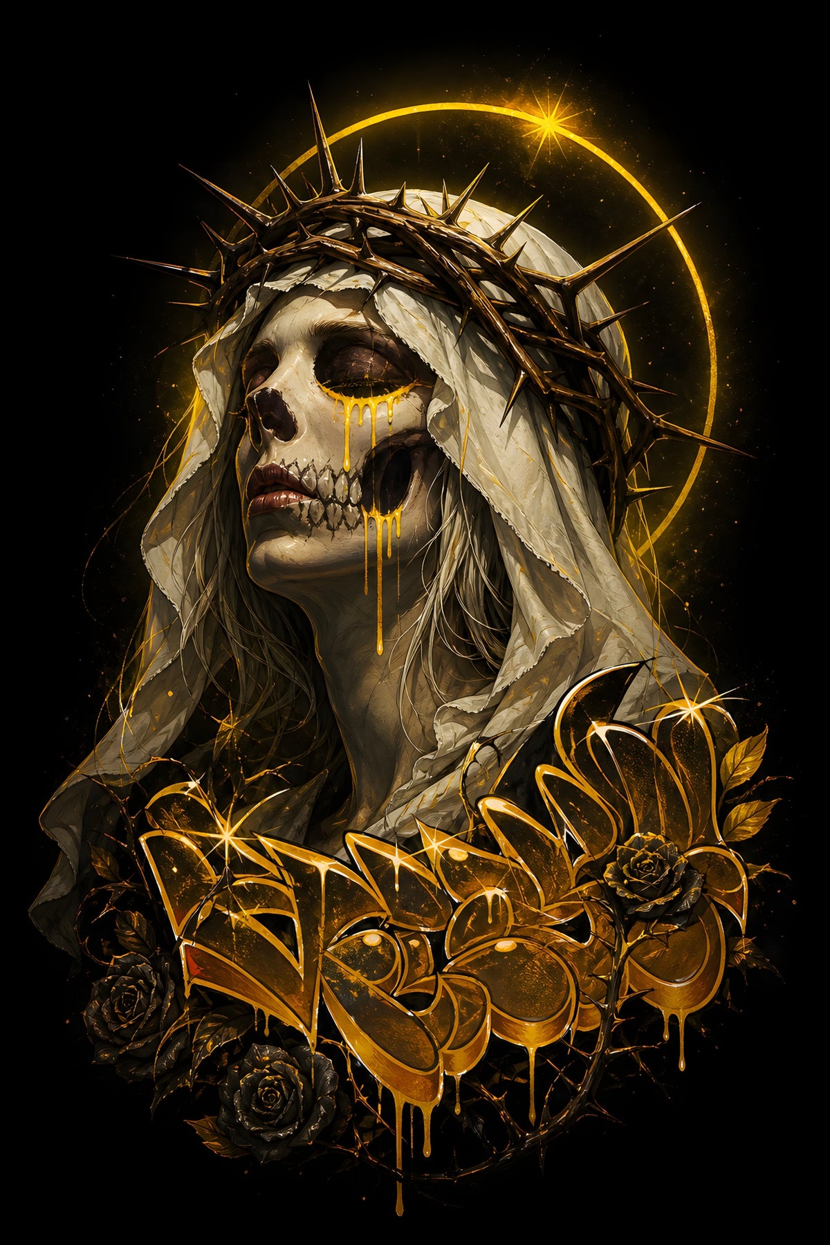Golden Crown of Thorns Skull - Halftone DTF transfer - Prints best on darks