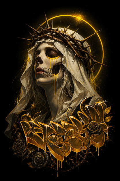 Golden Crown of Thorns Skull - Halftone DTF transfer - Prints best on darks